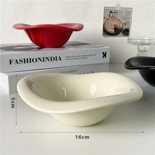 Ceramic Saucer Ins Style Salad Bowl Dishwasher Safe Fruit Yogurt Mixing Plate Wave Shaped Creamy Color Dessert Snack Container