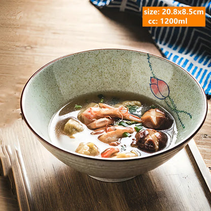 8-inch Ceramic Noodle Bowl Japanese Ceramic Soup Bowl Healthy Underglaze Painted Ramen Bowl Kitchen Tableware Salad Container
