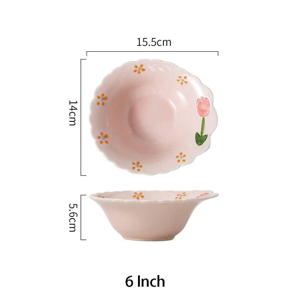 Cute Tulip Ceramic Dinnerware Set Exquisite Hand Drawn Relief Flower Paltes Home Restaurant Tableware Dessert Dinner Plate