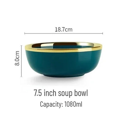 Gold Edging Green Porcelain Plates Food Dinner Set Dishes Salad Soup Bowl Ceramic Plates Bowls Luxurious Tableware Set