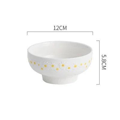 Embossed Plate Ceramic Relief Little Daisy Dinner Set Household Dishes Rice Soup Bowl Meal Plate Bakeware Kitchen Tableware