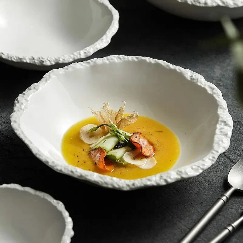 Simple White Ceramic Soup Bowl Kitchen Restaurant Special Tableware Creative Rock Texture Salad Noodles Bowls Dinner Plate Tools
