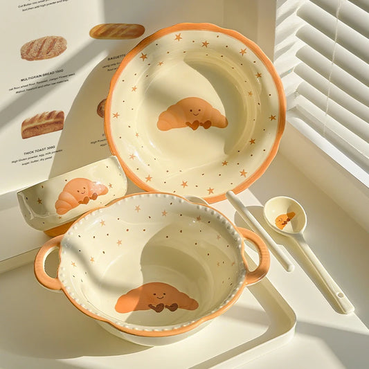 Cute Croissant Bread Shape Ceramic Rice Bowl Soup Bowl Set 2025 New Design Modern Home Tableware For One Person Gift