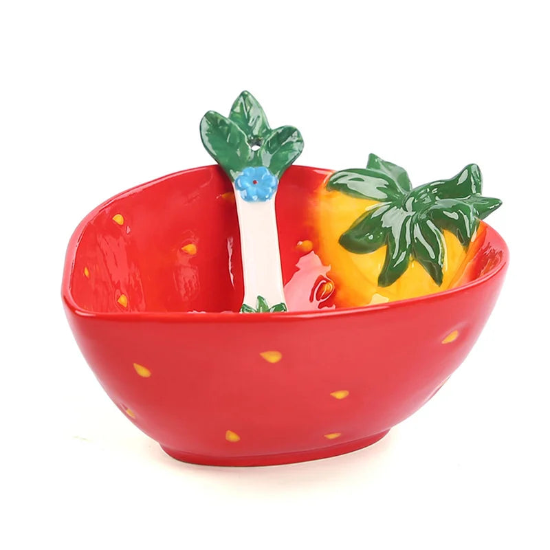 Ceramic Strawberry Bowl with Spoon Creative Fruit Shape Dessert Pudding Salad Bowl Ice Cream Cup Ceramic Spice Dishes Tableware