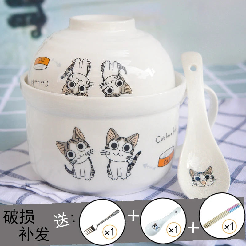 Ceramic Instant Noodle Bowl Japanese-style Large Cute Porcelain Bowl Cartoon Covered Tableware Student Dormitory with Single
