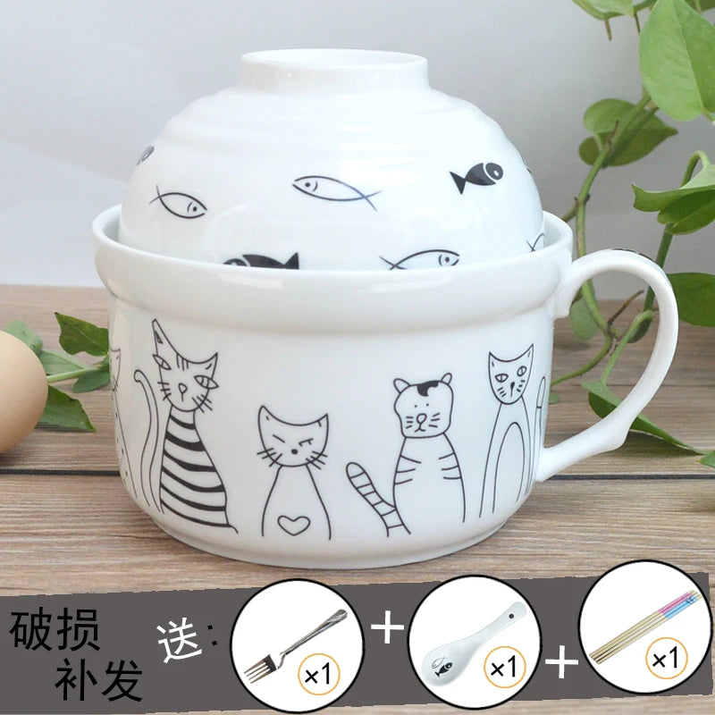 Ceramic Instant Noodle Bowl Japanese-style Large Cute Porcelain Bowl Cartoon Covered Tableware Student Dormitory with Single
