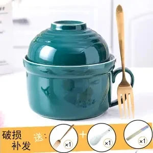 Ceramic Instant Noodle Bowl Japanese-style Large Cute Porcelain Bowl Cartoon Covered Tableware Student Dormitory with Single