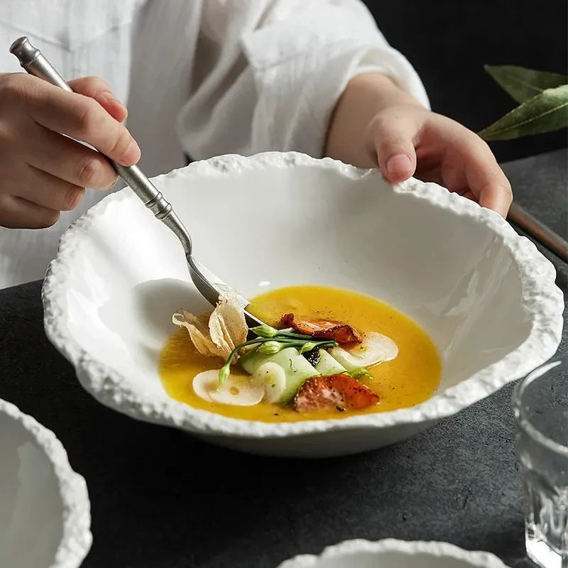 Simple White Ceramic Soup Bowl Kitchen Restaurant Special Tableware Creative Rock Texture Salad Noodles Bowls Dinner Plate Tools