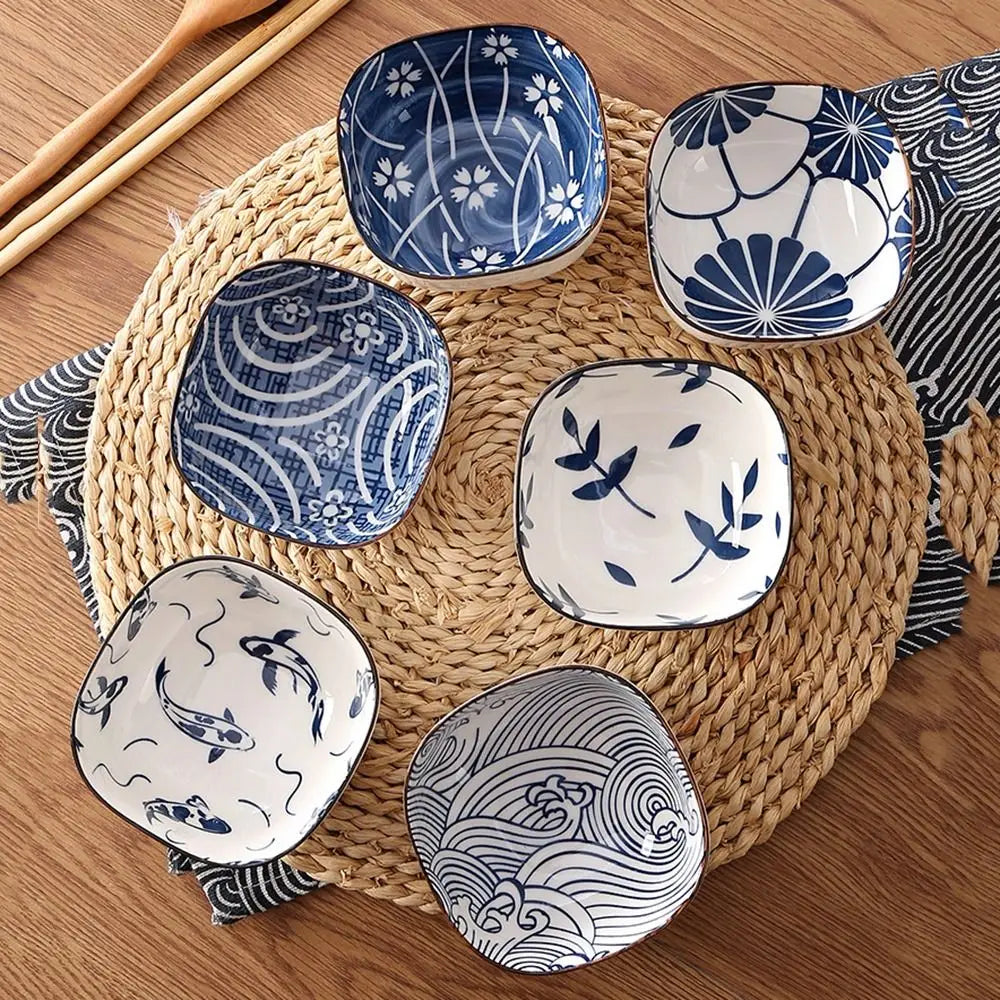 2/6Pcs Vintage Blue Dipping Bowls Ceramic Japanese Style Mini Appetizer Plates Thicken Dishwasher Safe Small Side Dishes