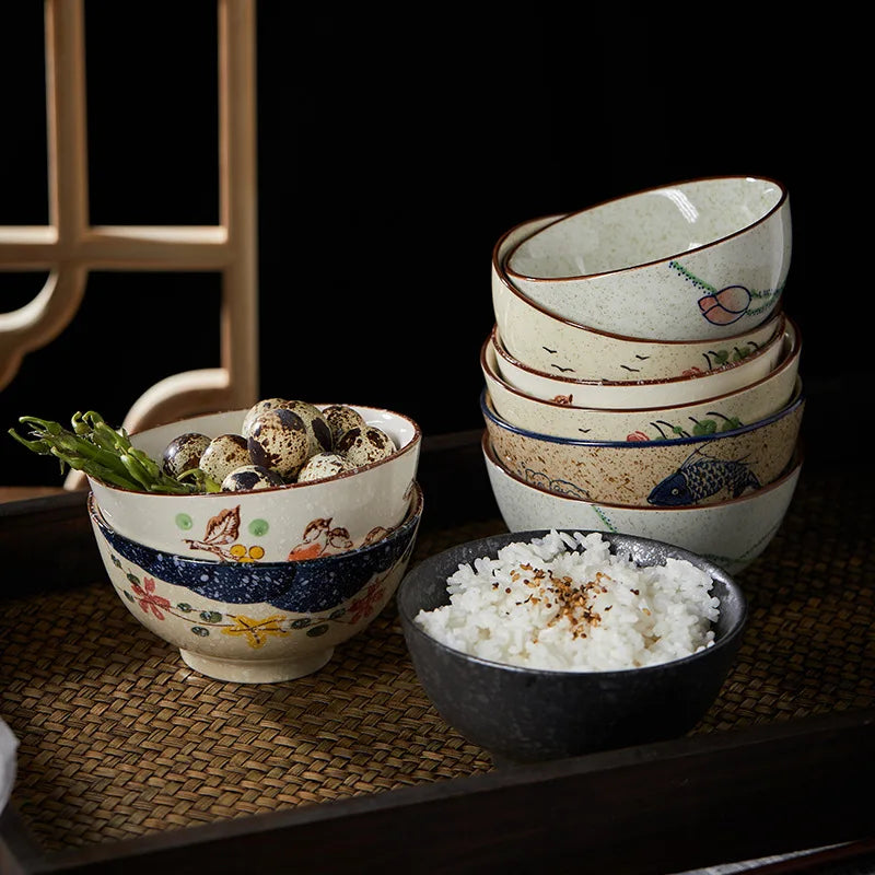 5inch Japanese Style Ceramic Rice Bowl Cereal Soup Dessert Snack Bowl Kitchen Salad Serving Bowl Tableware Microwave Safe 1pcs