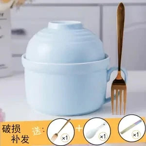 Ceramic Instant Noodle Bowl Japanese-style Large Cute Porcelain Bowl Cartoon Covered Tableware Student Dormitory with Single