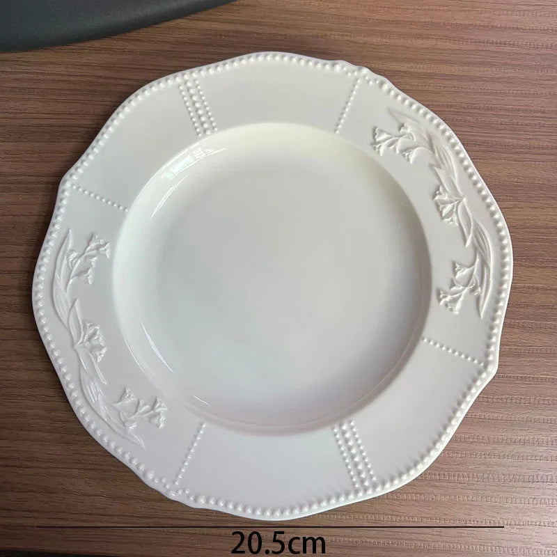 European Ceramic Plate Manual Floral Relief Decorative Breakfast Bread Plates Afternoon Tea Dessert Organizer Kitchen Tableware