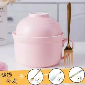 Ceramic Instant Noodle Bowl Japanese-style Large Cute Porcelain Bowl Cartoon Covered Tableware Student Dormitory with Single