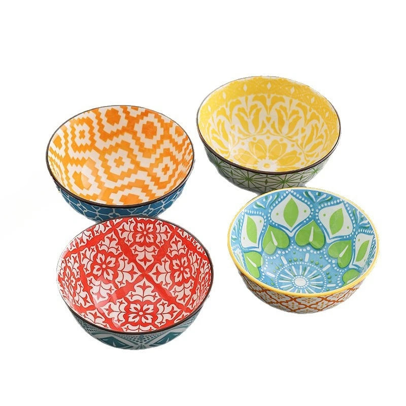 4Pcs Bohemian-style Noodle Bowl Household Rice Ceramic Bowl Restaurant Home Tableware Eating Dishes Soup Bowls