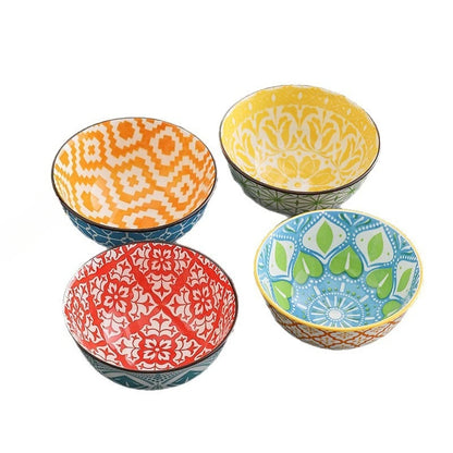 4Pcs Bohemian-style Noodle Bowl Household Rice Ceramic Bowl Restaurant Home Tableware Eating Dishes Soup Bowls