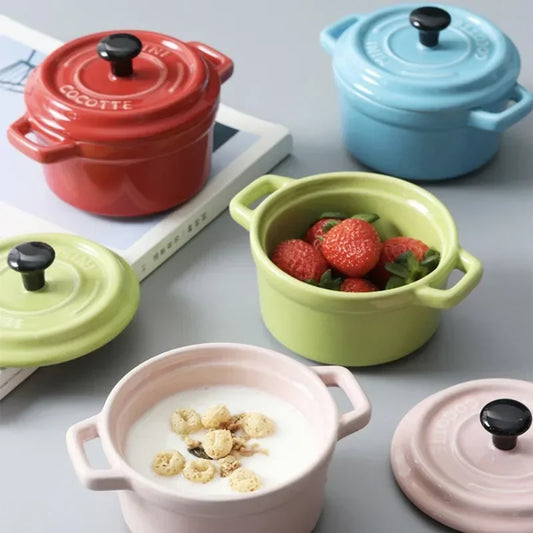 Ceramic breakfast bowl Ramekins with Lids,Oven Safe,Creme Brulee,Mini Casserole,Souffle,Cover&Handle for French Onion Soup,220ml