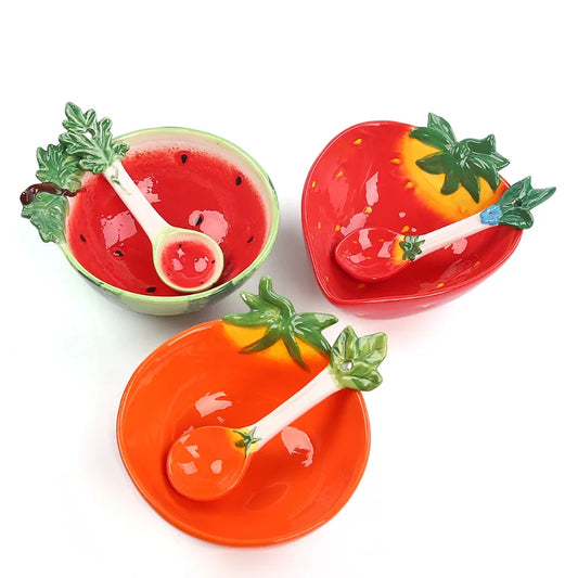 Ceramic Strawberry Bowl with Spoon Creative Fruit Shape Dessert Pudding Salad Bowl Ice Cream Cup Ceramic Spice Dishes Tableware