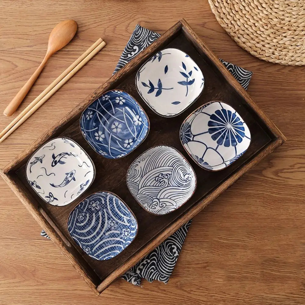 2/6Pcs Vintage Blue Dipping Bowls Ceramic Japanese Style Mini Appetizer Plates Thicken Dishwasher Safe Small Side Dishes