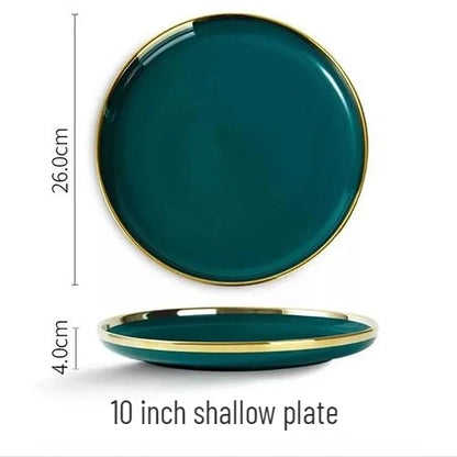 Gold Edging Green Porcelain Plates Food Dinner Set Dishes Salad Soup Bowl Ceramic Plates Bowls Luxurious Tableware Set