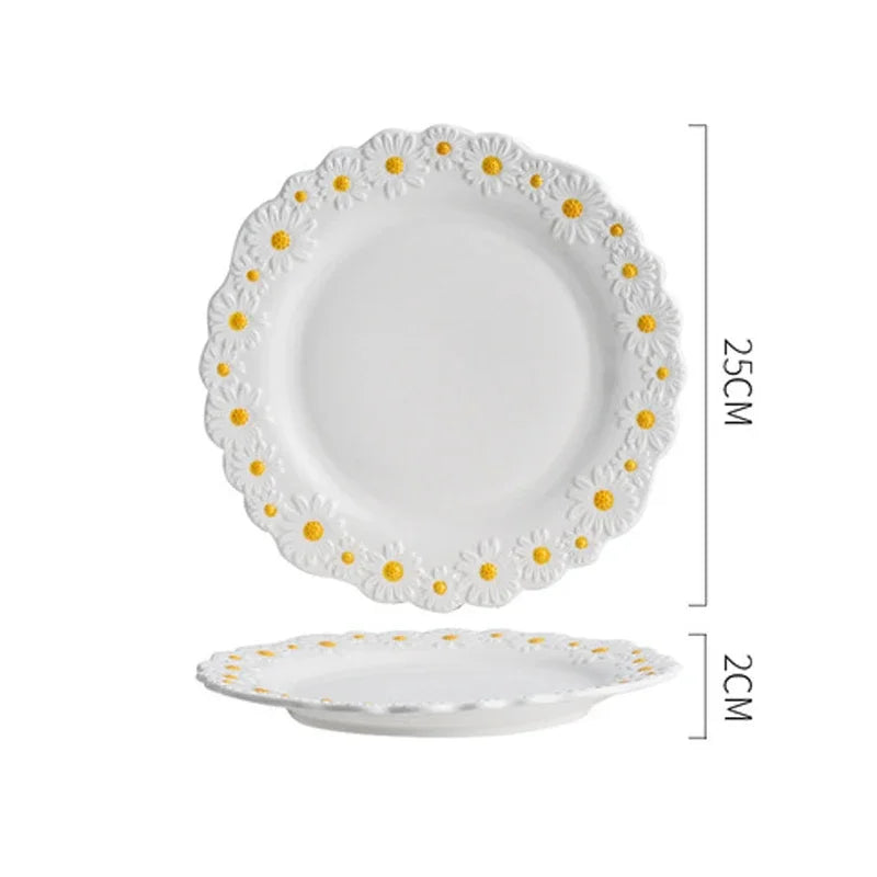 Embossed Plate Ceramic Relief Little Daisy Dinner Set Household Dishes Rice Soup Bowl Meal Plate Bakeware Kitchen Tableware