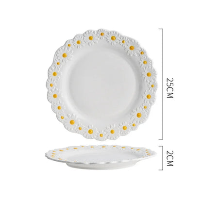 Embossed Plate Ceramic Relief Little Daisy Dinner Set Household Dishes Rice Soup Bowl Meal Plate Bakeware Kitchen Tableware