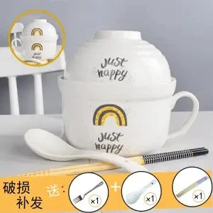 Ceramic Instant Noodle Bowl Japanese-style Large Cute Porcelain Bowl Cartoon Covered Tableware Student Dormitory with Single