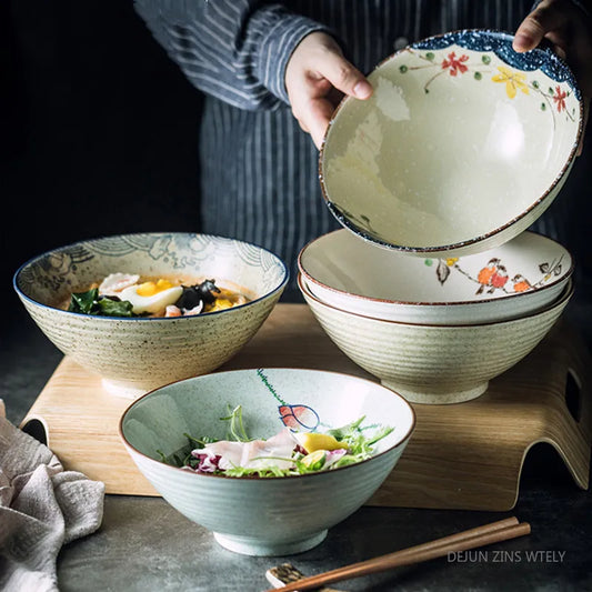 8-inch Ceramic Noodle Bowl Japanese Ceramic Soup Bowl Healthy Underglaze Painted Ramen Bowl Kitchen Tableware Salad Container