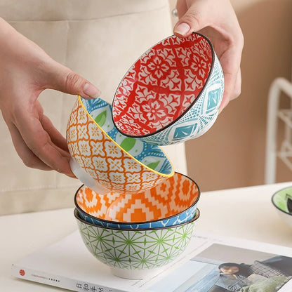4Pcs Bohemian-style Noodle Bowl Household Rice Ceramic Bowl Restaurant Home Tableware Eating Dishes Soup Bowls