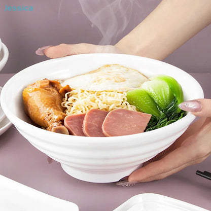 ♥Large Ribbed White Noodle Bowl - Durable Porcelain Bowl for Soup, Ramen & Hot Meals (Home & Restaurant Use)