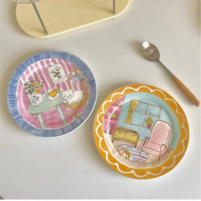 Cute and Playful Cartoon Ceramic Plate Korean High Aesthetic Household Tableware Dessert Plate Salad BreakfastPlate Ceramic Flat