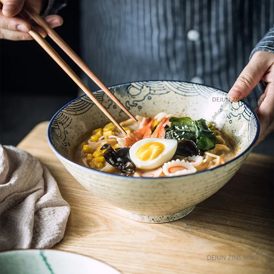 8-inch Ceramic Noodle Bowl Japanese Ceramic Soup Bowl Healthy Underglaze Painted Ramen Bowl Kitchen Tableware Salad Container