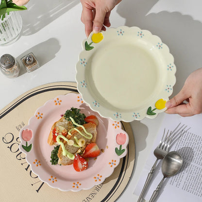 Cute Tulip Ceramic Dinnerware Set Exquisite Hand Drawn Relief Flower Paltes Home Restaurant Tableware Dessert Dinner Plate