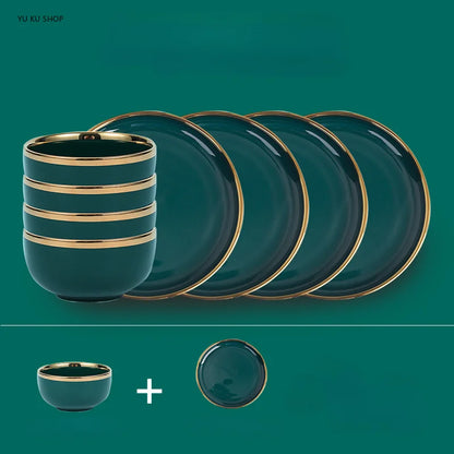 Gold Edging Green Porcelain Plates Food Dinner Set Dishes Salad Soup Bowl Ceramic Plates Bowls Luxurious Tableware Set