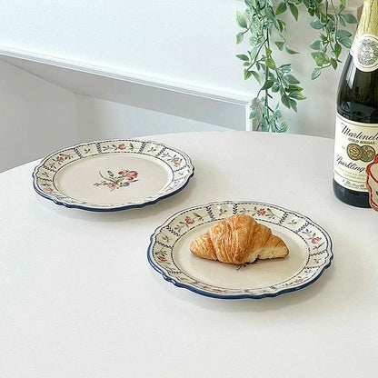 French Printed Ceramic Plate Vintage Household Serving Plates High-end Western Style Pasta Disc Exquisite Patchwork Tableware