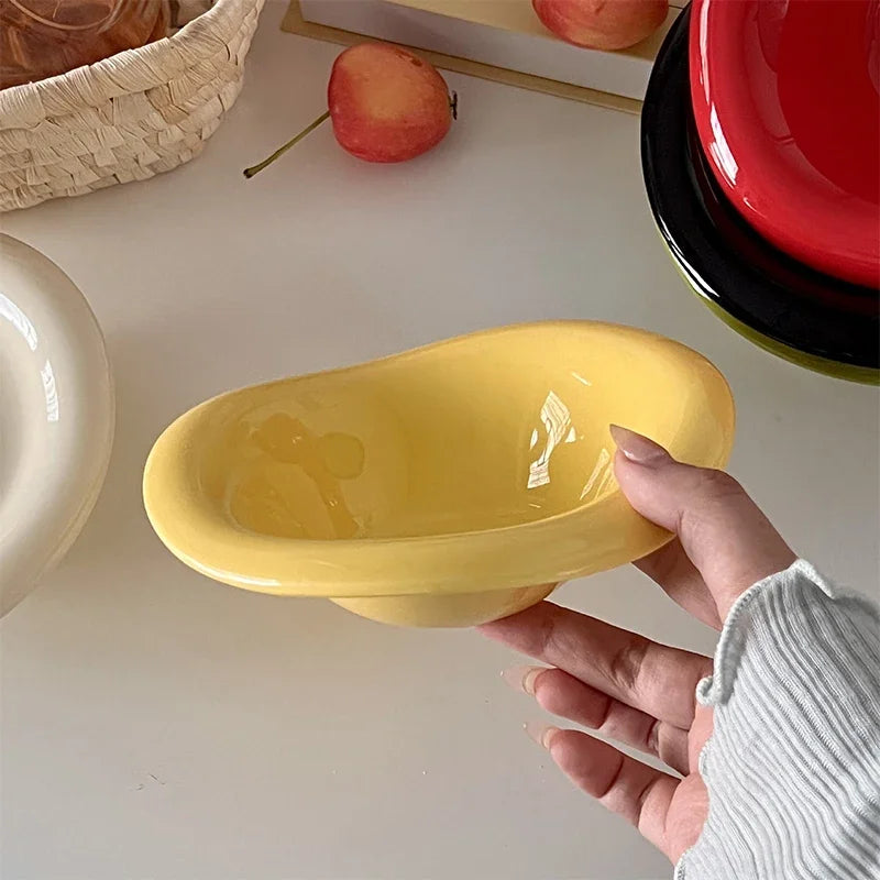 Ceramic Saucer Ins Style Salad Bowl Dishwasher Safe Fruit Yogurt Mixing Plate Wave Shaped Creamy Color Dessert Snack Container