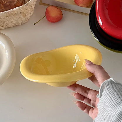 Ceramic Saucer Ins Style Salad Bowl Dishwasher Safe Fruit Yogurt Mixing Plate Wave Shaped Creamy Color Dessert Snack Container