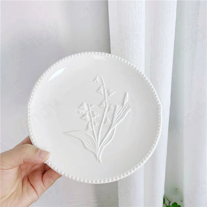 European Ceramic Plate Manual Floral Relief Decorative Breakfast Bread Plates Afternoon Tea Dessert Organizer Kitchen Tableware