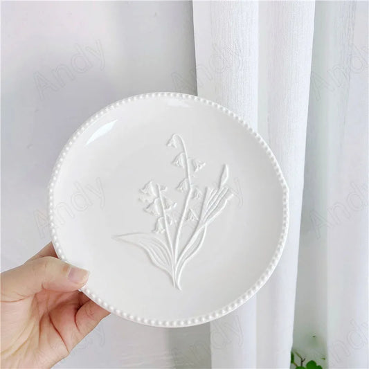 European Ceramic Plate Manual Floral Relief Decorative Breakfast Bread Plates Afternoon Tea Dessert Organizer Kitchen Tableware