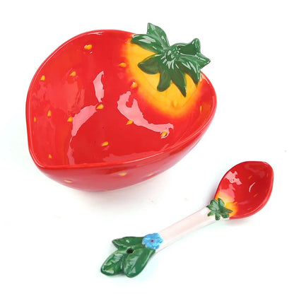 Ceramic Strawberry Bowl with Spoon Creative Fruit Shape Dessert Pudding Salad Bowl Ice Cream Cup Ceramic Spice Dishes Tableware