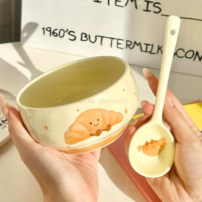 Cute Croissant Bread Shape Ceramic Rice Bowl Soup Bowl Set 2025 New Design Modern Home Tableware For One Person Gift