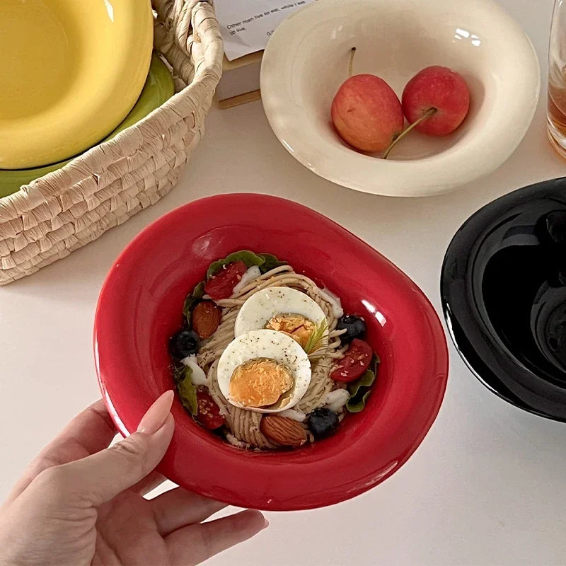 Ceramic Saucer Ins Style Salad Bowl Dishwasher Safe Fruit Yogurt Mixing Plate Wave Shaped Creamy Color Dessert Snack Container