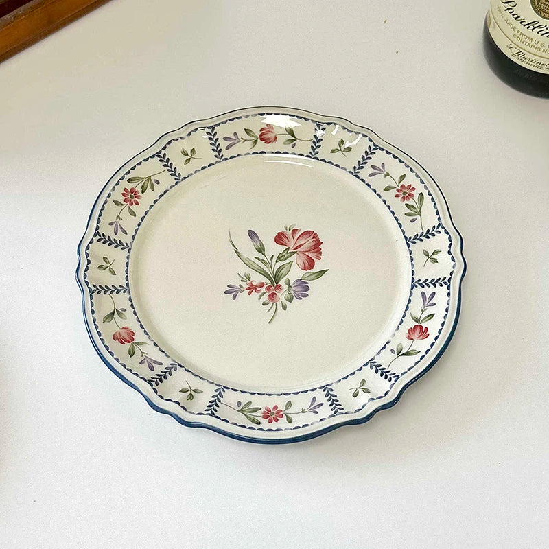 French Printed Ceramic Plate Vintage Household Serving Plates High-end Western Style Pasta Disc Exquisite Patchwork Tableware