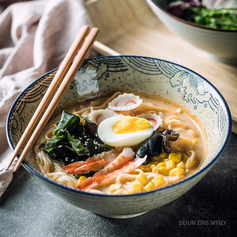 8-inch Ceramic Noodle Bowl Japanese Ceramic Soup Bowl Healthy Underglaze Painted Ramen Bowl Kitchen Tableware Salad Container