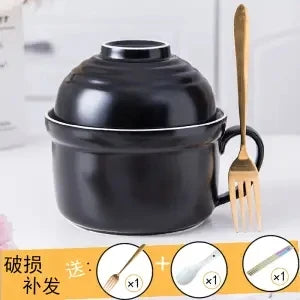 Ceramic Instant Noodle Bowl Japanese-style Large Cute Porcelain Bowl Cartoon Covered Tableware Student Dormitory with Single