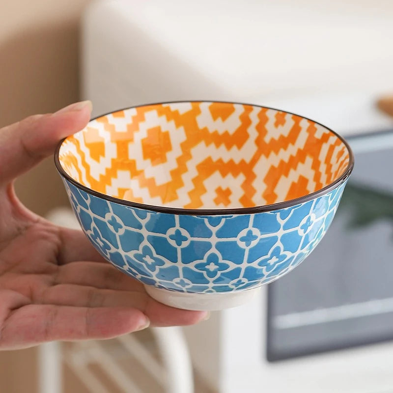 4Pcs Bohemian-style Noodle Bowl Household Rice Ceramic Bowl Restaurant Home Tableware Eating Dishes Soup Bowls