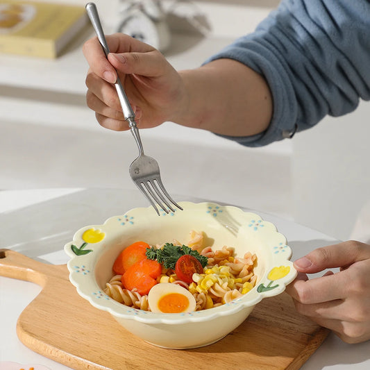 Cute Tulip Ceramic Dinnerware Set Exquisite Hand Drawn Relief Flower Paltes Home Restaurant Tableware Dessert Dinner Plate