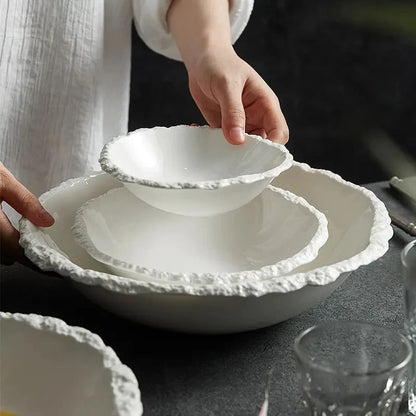 Simple White Ceramic Soup Bowl Kitchen Restaurant Special Tableware Creative Rock Texture Salad Noodles Bowls Dinner Plate Tools
