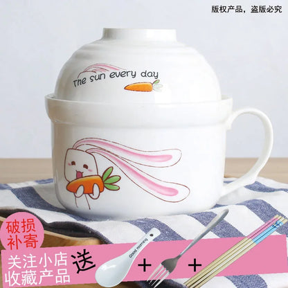 Ceramic Instant Noodle Bowl Japanese-style Large Cute Porcelain Bowl Cartoon Covered Tableware Student Dormitory with Single