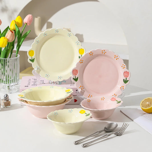 Cute Tulip Ceramic Dinnerware Set Exquisite Hand Drawn Relief Flower Paltes Home Restaurant Tableware Dessert Dinner Plate