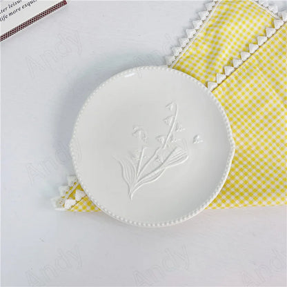 European Ceramic Plate Manual Floral Relief Decorative Breakfast Bread Plates Afternoon Tea Dessert Organizer Kitchen Tableware